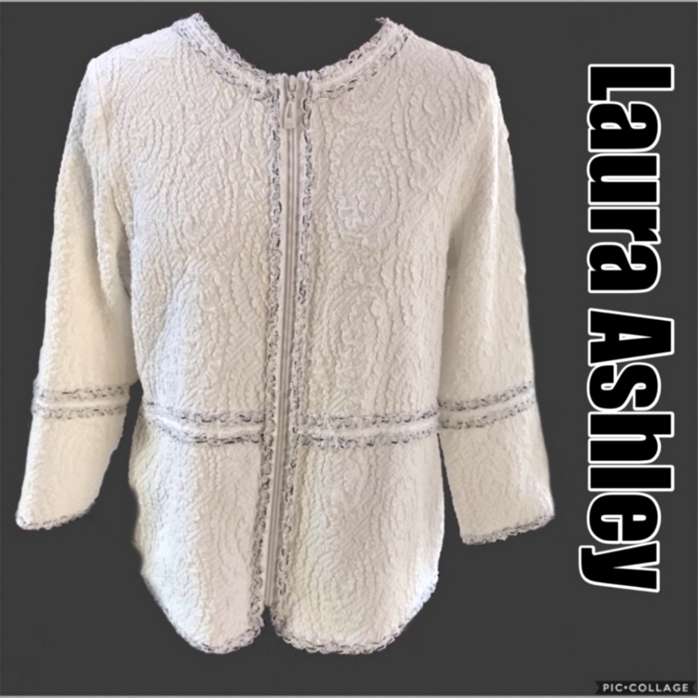 Laura Ashley Zip Up Jacket Top Searsucker Style White Size Medium